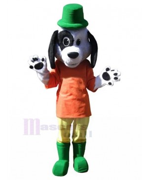 Cute Dalmatian Dog in Orange Mascot Costume with Green Hat Animal