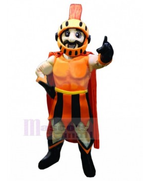 Strong Spartan Knight in Orange Armor Mascot Costume People