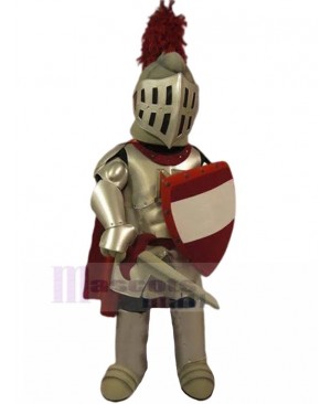Silver Spartan Knight with Red and White Shield Mascot Costume People