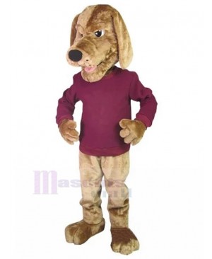 Serious Golden Pointer Dog Mascot Costume Animal in Dark Rose Red Shirt
