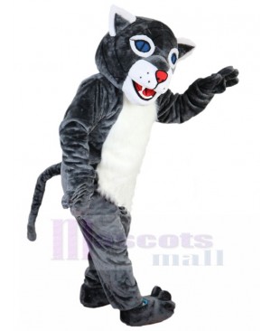 Cheerful Grey Wildcat Mascot Costume Animal with Blue Eyes