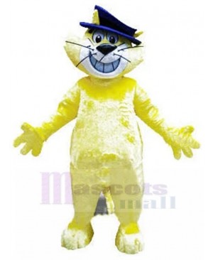 Smiling Yellow Cat Mascot Costume with Bowler Hat Animal