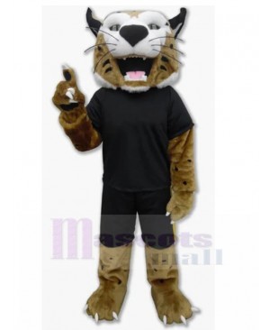 Khaki Bobcat Mascot Costume in Black Sports Suit Animal