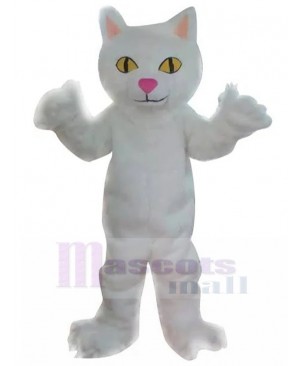 Smiling White Cat Mascot Costume with Yellow Eyes Animal