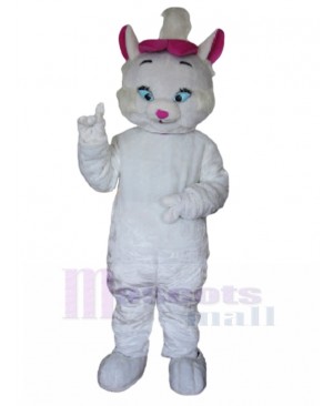 White Cat Mascot Costume with Pink Red Hat Animal
