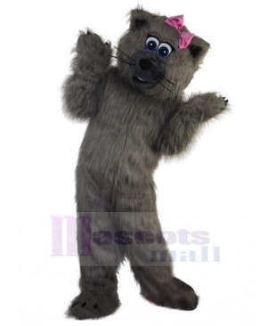 Hairy Grey Cat Mascot Costume with Bow Tie Animal