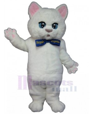 Royale White Cat Mascot Costume with Blue Bow Tie Animal