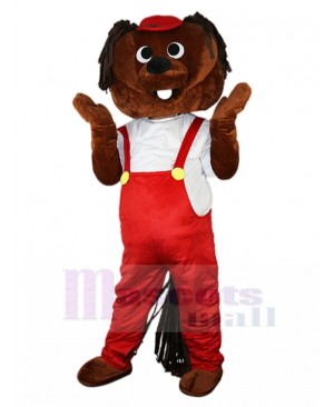 Brown Hamster Mascot Costume in Red Overalls Animal