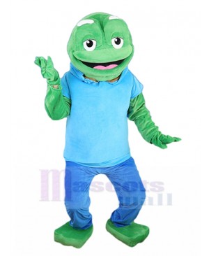 Amiable Green Frog Mascot Costume with Blue Hoodie Animal