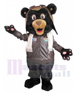 Black Pilot Bear in Brown Jacket Mascot Costume Animal	