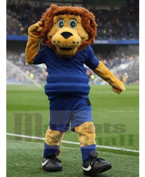 Yellow Lion Mascot Costume Animal in Blue Jersey