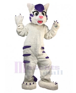 White Tabby Cat Mascot Costume with Purple Fur Animal
