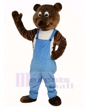 Dark Brown Bear in Blue Overalls Mascot Costume Animal