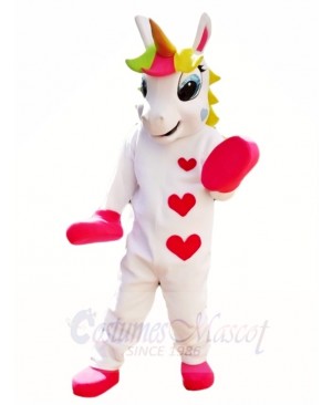 White Unicorn with Hearts and Colorful Horn Mascot Costumes
