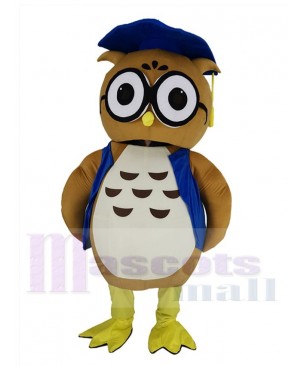 Brown Doctor Scholar Owl in Blue Vest Mascot Costume
