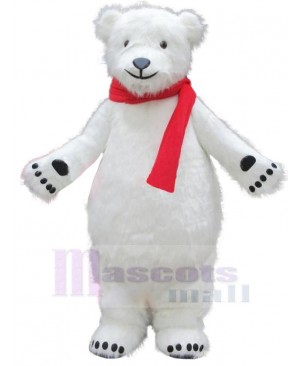 Docile Polar Bear with Red Scarf Mascot Costume Animal